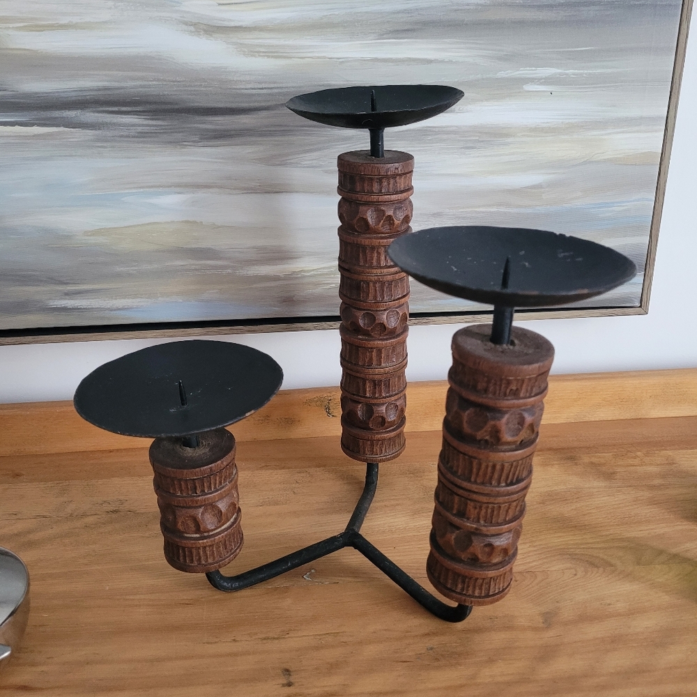 3 Arm tiered pillar candle holder with decorative carved wood accent